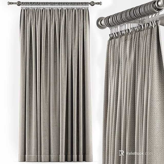 Gray Curtains With Elegant Drape Design Hanging On Curtain Rod For Home Decor 3d model 