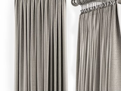 Gray Curtains With Elegant Drape Design Hanging On Curtain Rod For Home Decor 3d model