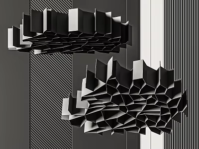 Double Modern Geometric Black And White Chandeliers Against Striped Architectural Backdrop 3d model