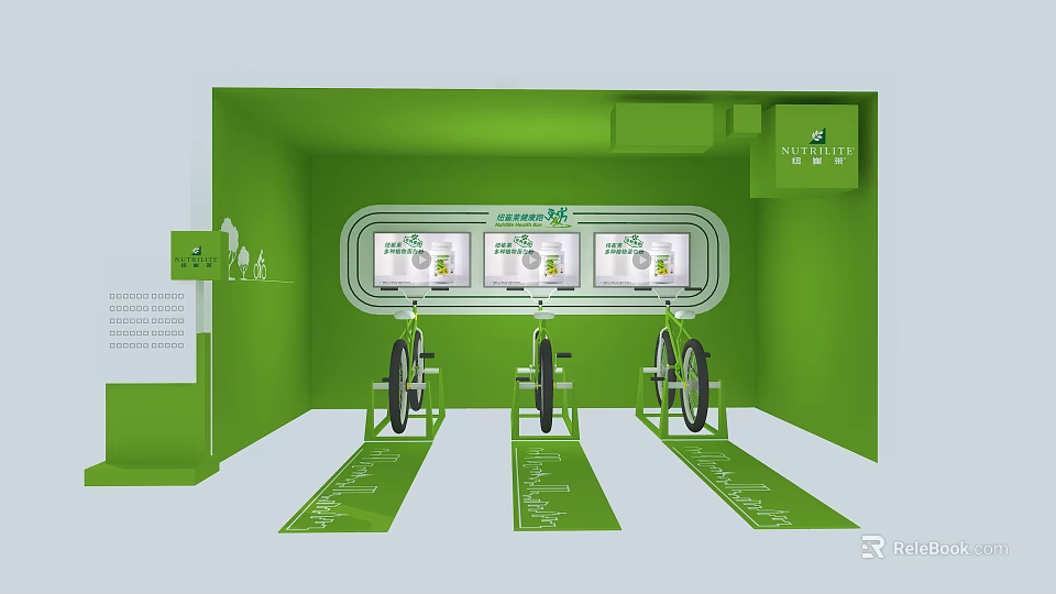 Greenjoy Fitness Exercise Bikes in Green Themed Display Area with Three Units and Floor Mats 3d model 
