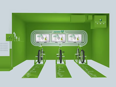 Greenjoy Fitness Exercise Bikes in Green Themed Display Area with Three Units and Floor Mats 3d model