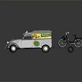 White Vintage Microtrans Van Towing Black Bicycle On Small Trailer