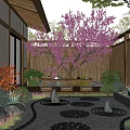 Japanese Style Courtyard Garden With Cherry Blossom Tree Bamboo Fence And Stepping Stones