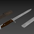 Classic Hunting Knife With Wooden Handle Metal Blade Brown Leather Sheath And Silver Fitting