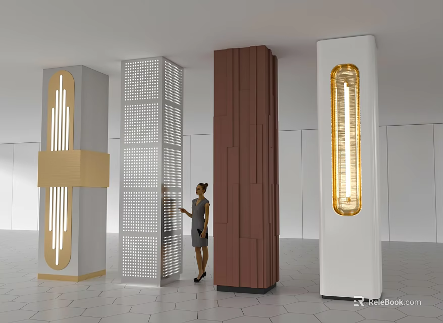 Modern Decorative Columns With Lighting Perforated Wooden And Textured Design Elements 3d model 