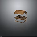 Rustic Food Selling Stand with Thatched Roof and Wooden Structure Holding Bowls