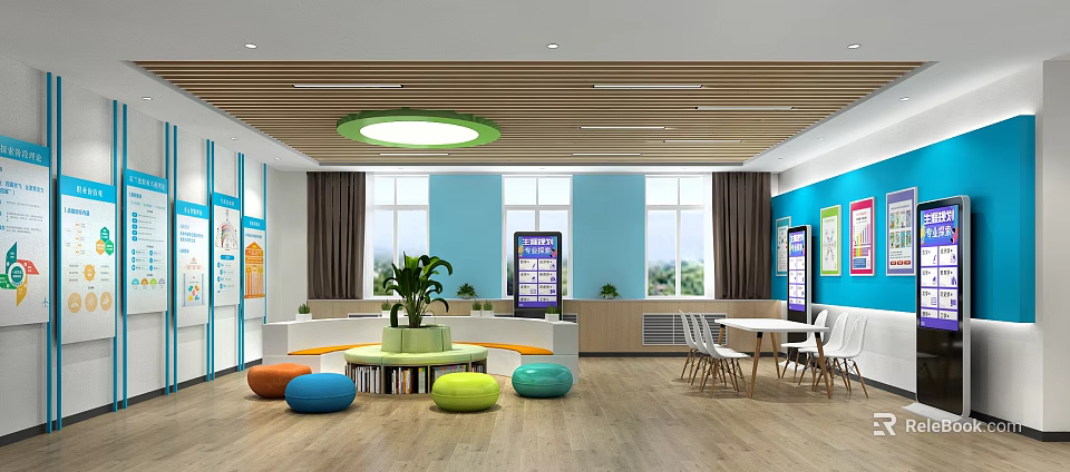 School Activity Room Interior With Bright Windows Tables Chairs Green Plants And Colorful Cushions 3d model 