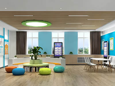 School Activity Room Interior With Bright Windows Tables Chairs Green Plants And Colorful Cushions 3d model