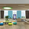 School Activity Room Interior With Bright Windows Tables Chairs Green Plants And Colorful Cushions