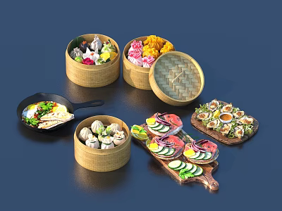 Colorful Asian Food Assortment in Open Bamboo Containers with Fried Eggs and Sliced Platters 3d model