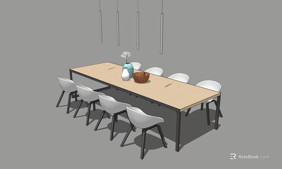 Rectangular Dining Table Set With White Chairs Vase Brown Bowl And Hanging Pendant Lights 3d model