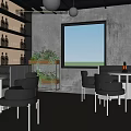Modern Bar Interior With Shelves Of Bottles Green Plants Tables Chairs And City View