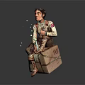Sitting Character Figurine With Workwear Vest Cargo Pants On Box Platform And Decorative Drops