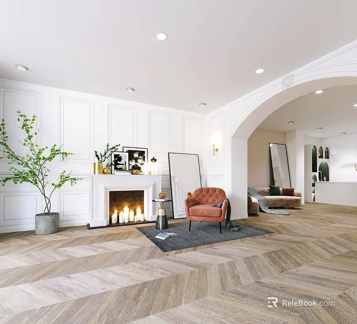 Shop Reception Desk Space With White Walls Fireplace Burning Flames Orange Armchair And Wooden Floor 3d model 