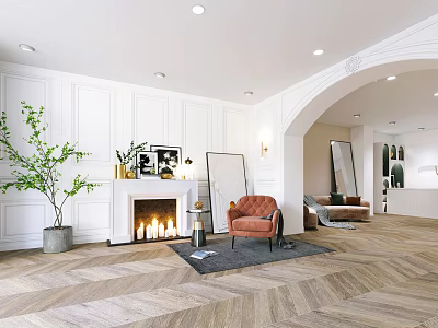 Shop Reception Desk Space With White Walls Fireplace Burning Flames Orange Armchair And Wooden Floor 3d model