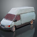 Light Green Vintage Van With White Roof Red Windshield Cover And Rusty Wheels