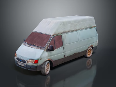 Light Green Vintage Van With White Roof Red Windshield Cover And Rusty Wheels 3d model