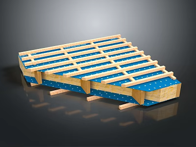 Wooden Roof Frame Structure With Blue Insulation And Dot Pattern Support Beams 3d model