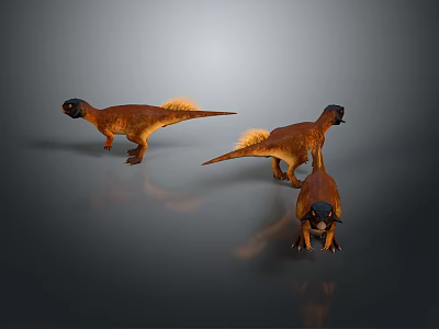 Three Brown Dinosaur Models With Yellow Manes On Dark Background With Reflections 3d model