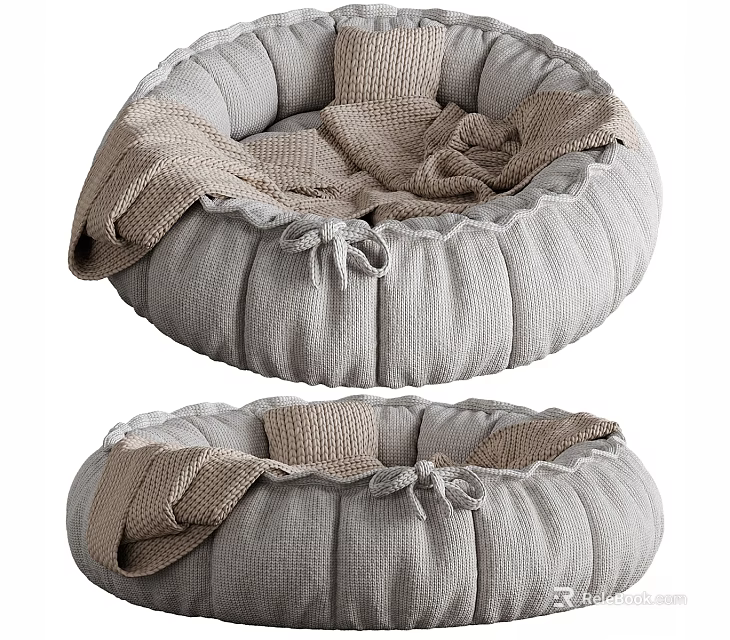Cozy Round Gray Knitted Bean Bag Chair With Bowknot And Soft Knitted Blanket 3d model 