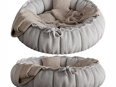 Cozy Round Gray Knitted Bean Bag Chair With Bowknot And Soft Knitted Blanket 3d model