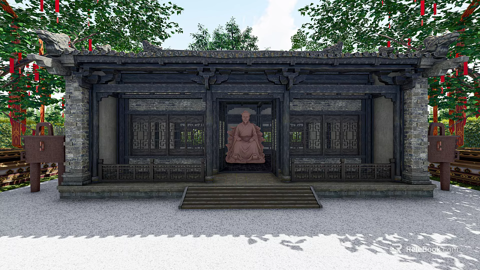 Ancient Architecture with Intricate Carved Doors Windows Stone Steps Front Statue and Surrounding Trees 3d model 