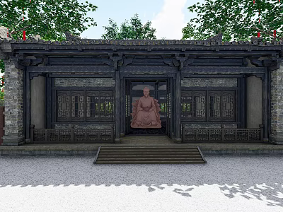 Ancient Architecture with Intricate Carved Doors Windows Stone Steps Front Statue and Surrounding Trees 3d model