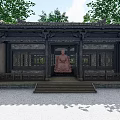 Ancient Architecture with Intricate Carved Doors Windows Stone Steps Front Statue and Surrounding Trees