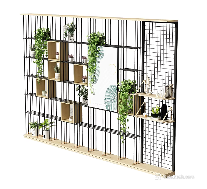 Industrial Grid Metal Storage Shelving With Wood And Plants 3d model 