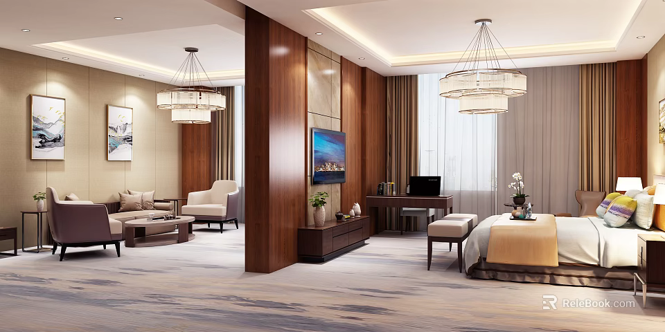 Luxurious Hotel Room Interior With King Bed Sofa TV And Chandelier Decor 3d model 