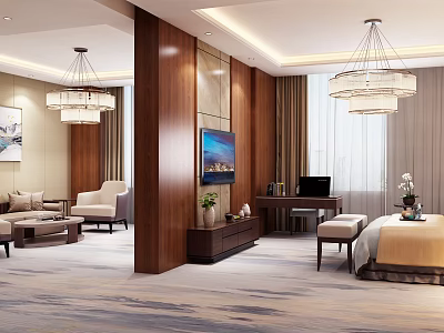 Luxurious Hotel Room Interior With King Bed Sofa TV And Chandelier Decor 3d model