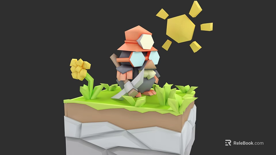 Cartoon Character With Orange Hat Goggles Holding Tool On Rock Platform Sunflower Green Grass 3d model 