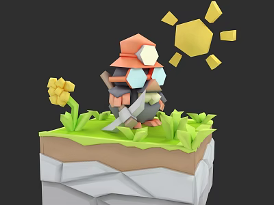 Cartoon Character With Orange Hat Goggles Holding Tool On Rock Platform Sunflower Green Grass 3d model
