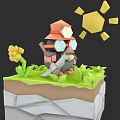 Cartoon Character With Orange Hat Goggles Holding Tool On Rock Platform Sunflower Green Grass 3d model