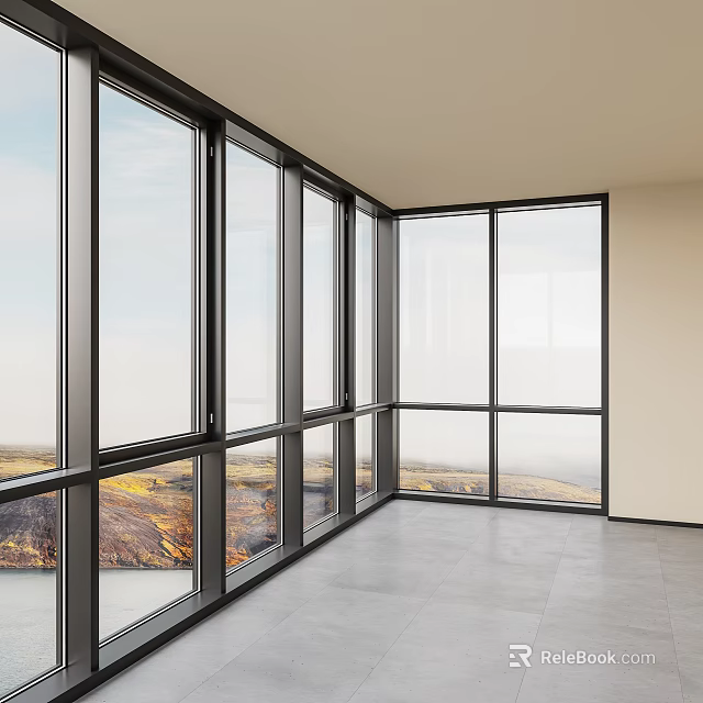 Black Framed Floor to Ceiling Windows in Modern Room with Scenic Mountain View and Open Space 3d model 