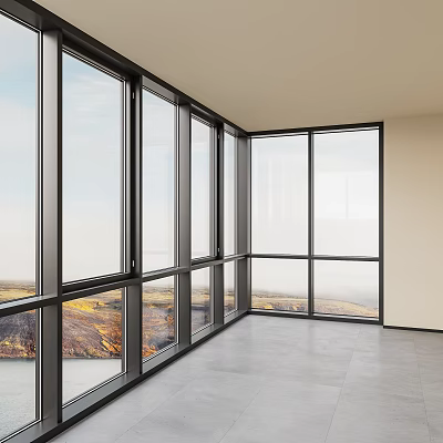 Black Framed Floor to Ceiling Windows in Modern Room with Scenic Mountain View and Open Space 3d model