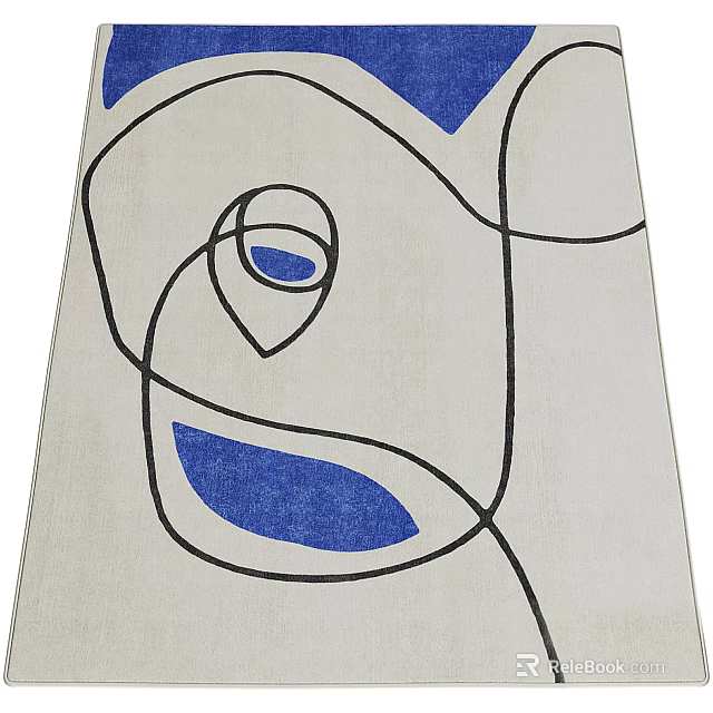 Modern Square Area Rug With Abstract Black Lines And Blue Shapes Design 3d model 