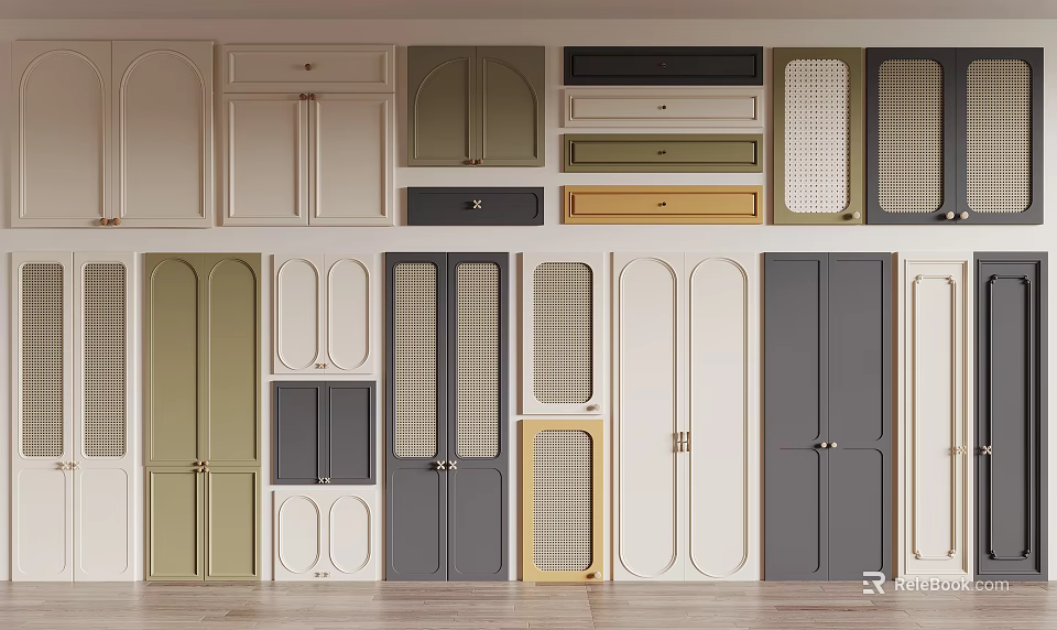 Various Kitchen Cabinet Door Styles With Different Colors And Panel Designs 3d model 