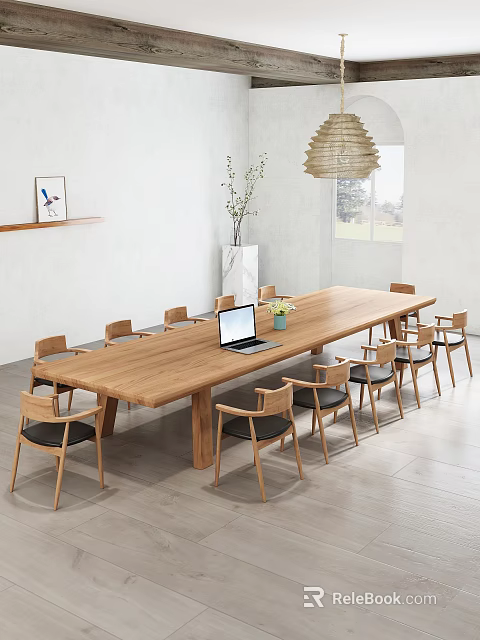 Modern Wooden Table With Matching Chairs In Bright Office Space With Laptop And Decor 3d model 