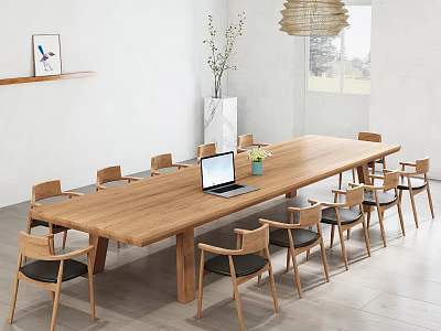 Modern Wooden Table With Matching Chairs In Bright Office Space With Laptop And Decor 3d model
