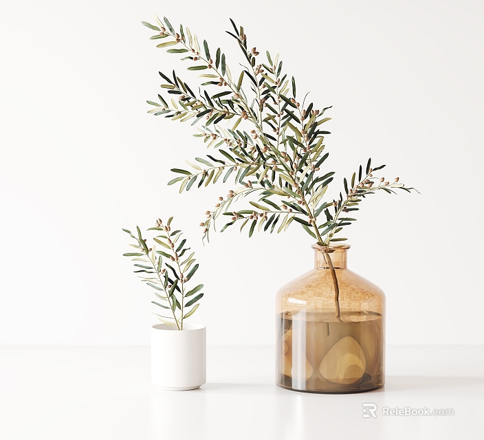 Large Amber Glass Vase with Olive Branches and Small White Ceramic Pot on White Background 3d model 