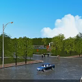 City Road Facilities With Street Lamps Green Trees Buses Cars Zebra Crossings And Green Belts
