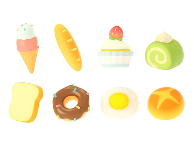 Colorful Assorted Food Items Including Ice Cream Cone Bread Cupcake Donut And Fried Egg 3d model