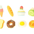 Colorful Assorted Food Items Including Ice Cream Cone Bread Cupcake Donut And Fried Egg