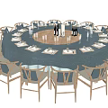 Elegant Round Dining Table Set with Blue Tablecloth Matching Chairs Tableware Wine Glasses Wine Bottles 3d model