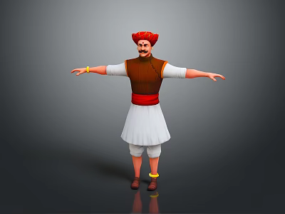 Man in traditional attire with red turban brown vest white skirt and outstretched arms 3d model