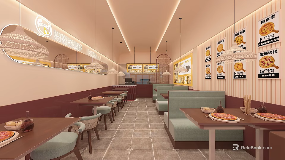 Cozy Pizza Restaurant Interior With Pendant Lights Tables Chairs Booths And Decorative Posters 3d model 