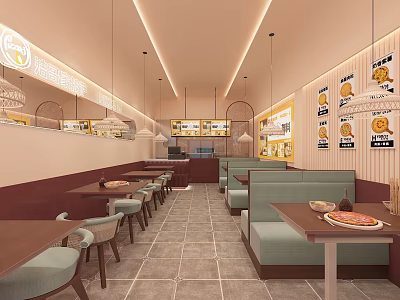 Cozy Pizza Restaurant Interior With Pendant Lights Tables Chairs Booths And Decorative Posters 3d model