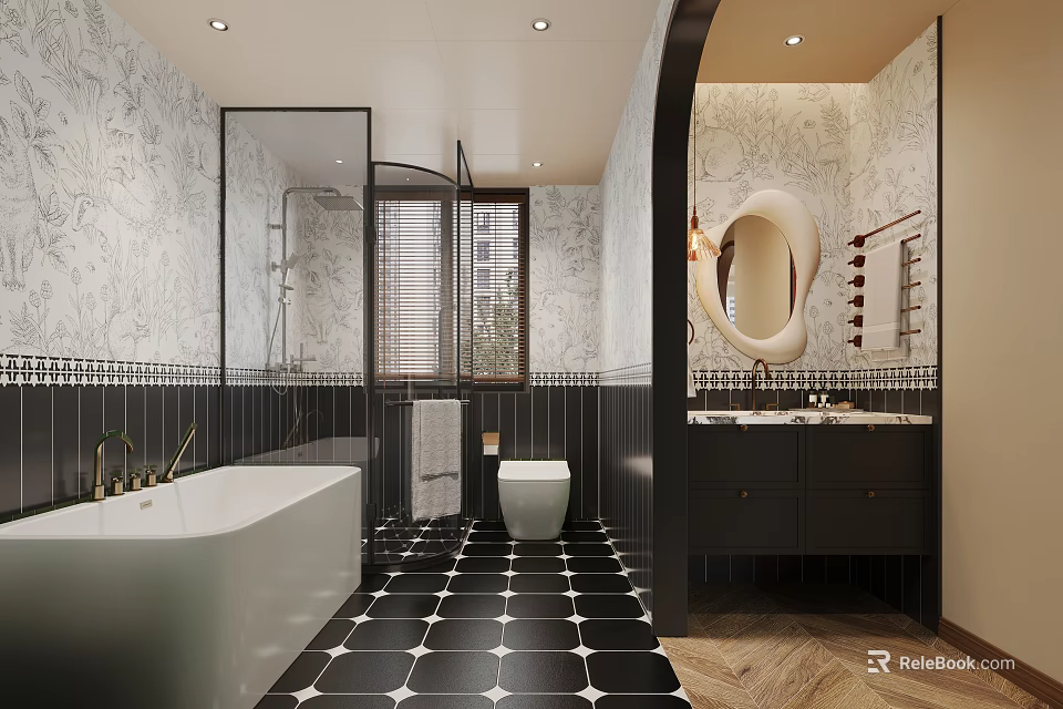 Modern Bathroom Interior With Bathtub Glass Shower Toilet Double Sinks And Black White Floor Tiles 3d model 