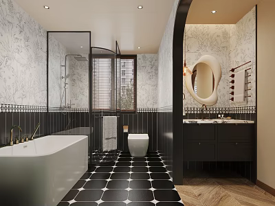 Modern Bathroom Interior With Bathtub Glass Shower Toilet Double Sinks And Black White Floor Tiles 3d model